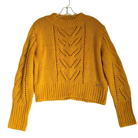 Guess Cropped Sweater Chunky Knit Women L Mustard Yellow Grunge Fairy Relaxed - Picture 1 of 9